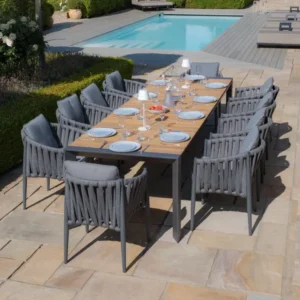 Oak Garden Land - Jakarta Teak Extending 6 - 10 Seat Rectangular Dining Table with 10 Milan Charcoal Rope Weave Dining Chairs