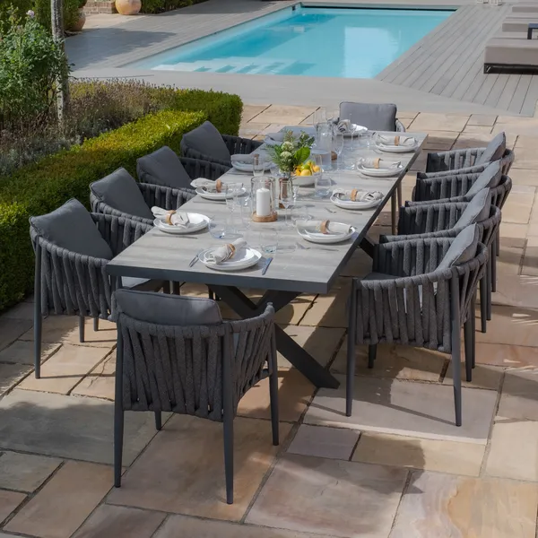 Oak Garden Land - Vienna 6 - 10 Seat Extending Rectangular Dining Table with Charcoal Frame and 10 Milan Charcoal Rope Weave Dining Chairs