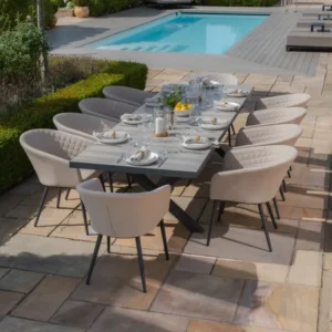 Oak Garden Land - Vienna 6 - 10 Seat Extending Rectangular Dining Table with Charcoal Frame and 10 Ambition Oatmeal Outdoor Fabric Dining Chairs