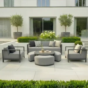 Oak Garden Land - Outdoor Fabric Ibiza 3 Seat Sofa Set with Round Coffee Table & 3 Footstools - Zinc Grey