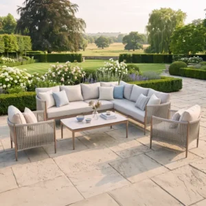 Oak Garden Land - Havana Rope Weave Large Corner Sofa Set with Rectangular Coffee Table & 2 Armchairs - Ceramic Glass