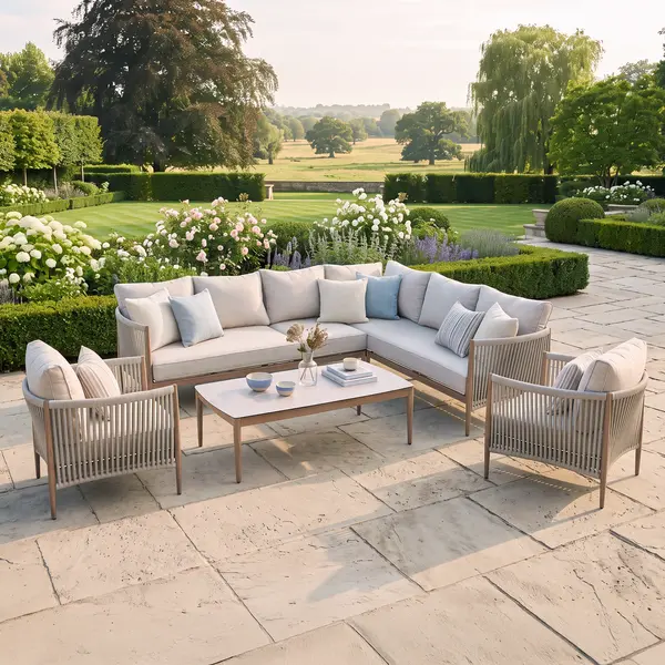 Oak Garden Land - Havana Rope Weave Large Corner Sofa Set with Rectangular Coffee Table & 2 Armchairs - Ceramic Glass