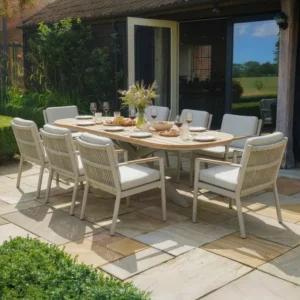 Oak Garden Land - Sicily Rope Weave 8 Seat Rectangular Dining Set - Latte