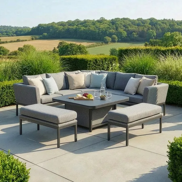 Oak Garden Land - Outdoor Fabric Pulse Deluxe Square Corner Dining Set with Rising Table - Zinc Grey