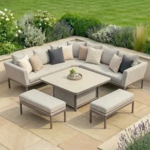 Oak Garden Land - Outdoor Fabric Pulse Deluxe Square Corner Dining Set with Rising Table - Latte