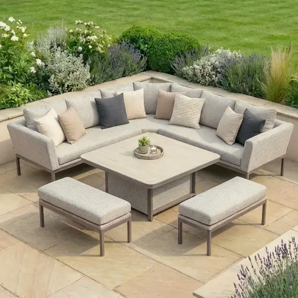 Oak Garden Land - Outdoor Fabric Pulse Deluxe Square Corner Dining Set with Rising Table - Latte