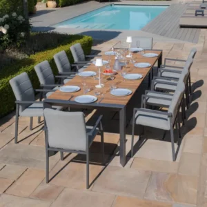 Oak Garden Land - Jakarta Teak Extending 6 - 10 Seat Rectangular Dining Table with 10 Ibiza Zinc Grey Dining Chairs