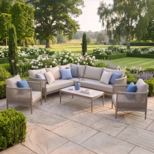 Oak Garden Land - Havana Rope Weave Small Corner Sofa Set with Rectangular Coffee Table & 2 Armchairs - Ceramic Glass