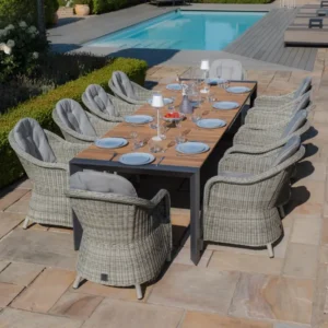 Oak Garden Land - Jakarta Teak Extending 6 - 10 Seat Rectangular Dining Table with 10 Oxford Heritage Rattan Dining Chairs