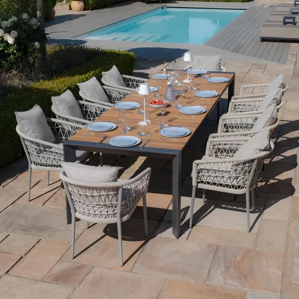 Oak Garden Land - Jakarta Teak Extending 6 - 10 Seat Rectangular Dining Table with 10 Monaco Cool Linen Rope Weave Dining Chairs