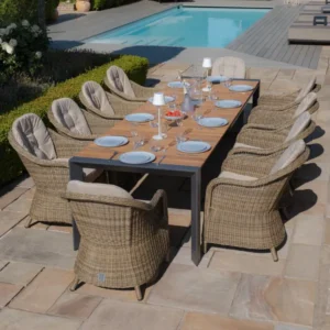 Oak Garden Land - Jakarta Teak Extending 6 - 10 Seat Rectangular Dining Table with 10 Winchester Heritage Rattan Dining Chairs