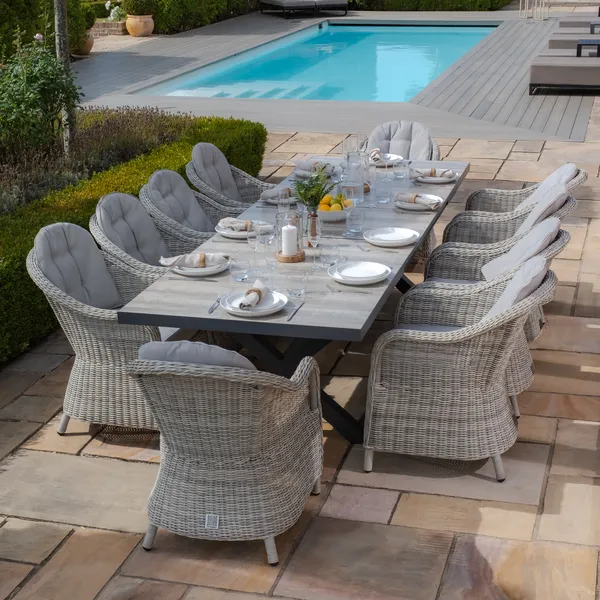 Oak Garden Land - Vienna 6 - 10 Seat Extending Rectangular Dining Table with Charcoal Frame and 10 Oxford Heritage Rattan Dining Chairs