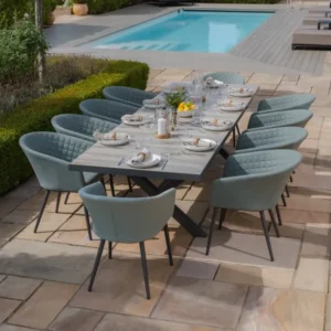 Oak Garden Land - Vienna 6 - 10 Seat Extending Rectangular Dining Table with Charcoal Frame and 10 Ambition Sage Green Outdoor Fabric Dining Chairs