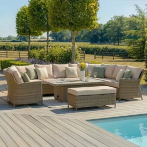 Oak Garden Land - Winchester Royal U-Shaped Rattan Sofa Set with Rising Table - Ceramic Glass