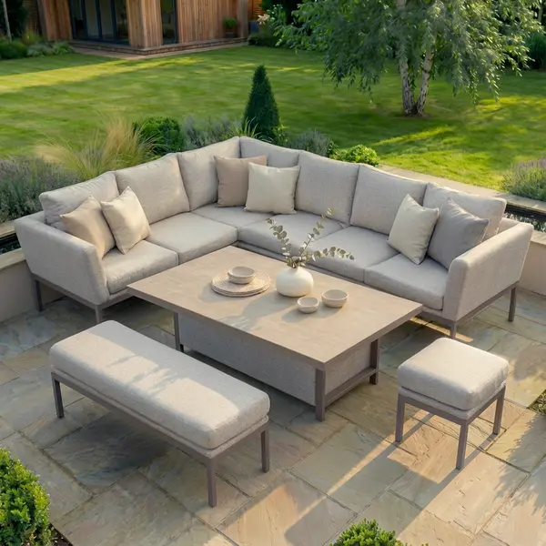 Oak Garden Land - Outdoor Fabric Pulse Rectangular Corner Dining Set with Rising Table - Latte