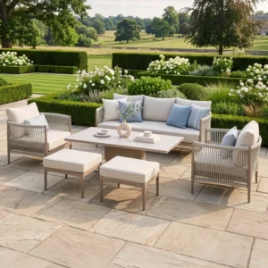 Oak Garden Land - Havana Rope Weave 3 Seat Sofa Dining Set with Rising Table & Footstools - Ceramic Glass