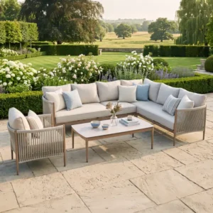 Oak Garden Land - Havana Rope Weave Large Corner Sofa Set with Rectangular Coffee Table & Armchair - Ceramic Glass