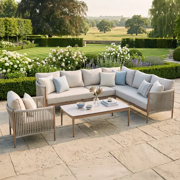 Oak Garden Land - Havana Rope Weave Large Corner Sofa Set with Rectangular Coffee Table & Armchair - Ceramic Glass