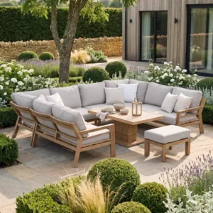 Oak Garden Land - New York U-Shaped Aluminium Sofa Set with Rising Table - Wood Effect