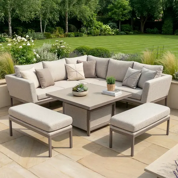 Oak Garden Land - Outdoor Fabric Pulse Square Corner Dining Set with Rising Table - Latte