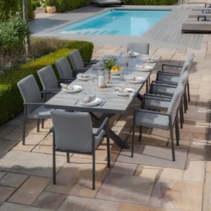 Oak Garden Land - Vienna 6 - 10 Seat Extending Rectangular Dining Table with Charcoal Frame and 10 Ibiza Zinc Grey Outdoor Fabric Dining Chairs