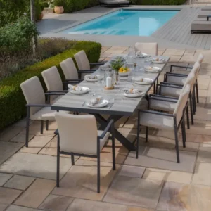 Oak Garden Land - Vienna 6 - 10 Seat Extending Rectangular Dining Table with Charcoal Frame and 10 Ibiza Oatmeal Outdoor Fabric Dining Chairs