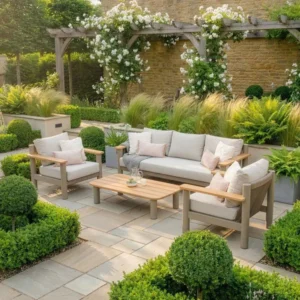 Oak Garden Land - Sicily Rope Weave 3 Seat Sofa with 2 Armchairs & Coffee Table - Café