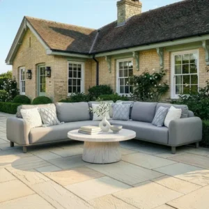 Oak Garden Land - Outdoor Fabric Sicily Corner Sofa Set with Round Marble Effect Coffee Table - Café