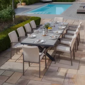 Oak Garden Land - Vienna 6 - 10 Seat Extending Rectangular Dining Table with Charcoal Frame and 10 Ibiza Latte Outdoor Fabric Dining Chairs