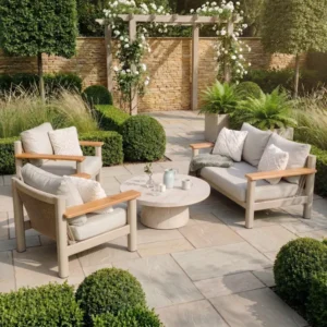 Oak Garden Land - Sicily Rope Weave 2 Seat Sofa with 2 Armchairs & Round Marble Effect Coffee Table - Latte