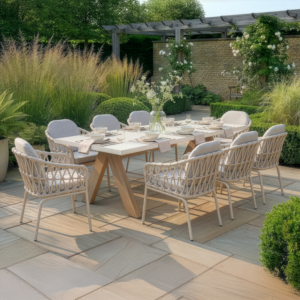 Oak Garden Land - Antigua 8 Seat Rectangular Dining Set with Sicily Open Rope Weave Dining Chairs - Latte