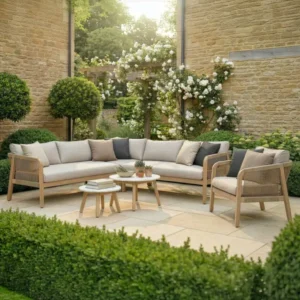 Oak Garden Land - Antigua Rope Weave Corner Sofa Set with Lounge Chair & 2 Round Coffee Tables - Terrazzo