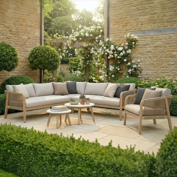 Oak Garden Land - Antigua Rope Weave Corner Sofa Set with Lounge Chair & 2 Round Coffee Tables - Terrazzo