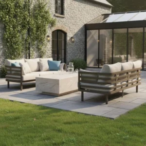 Oak Garden Land - Metro Aluminium 3 Seat Garden Sofa Set with Rectangular Stone Coffee Table - Café Almond