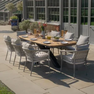 Oak Garden Land - Jakarta Teak Oval Dining Table with 8 Monaco Cool Linen Rope Weave Dining Chairs