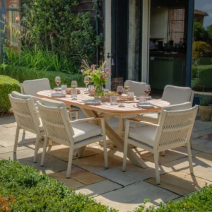 Oak Garden Land - Sicily Rope Weave 6 Seat Rectangular Dining Set - Latte