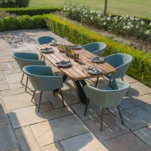 Oak Garden Land - Jakarta Teak Oval Dining Table with 6 Ambition Sage Green Dining Chairs
