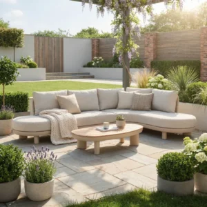 Oak Garden Land - Sicily Rope Weave Curve Corner Sofa Set with Coffee Table - Latte