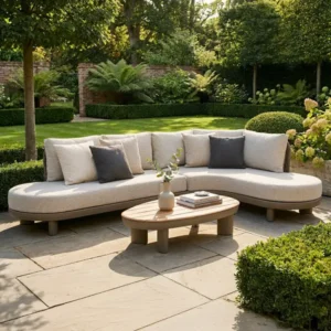 Oak Garden Land - Sicily Rope Weave Curve Corner Sofa Set with Coffee Table - Café