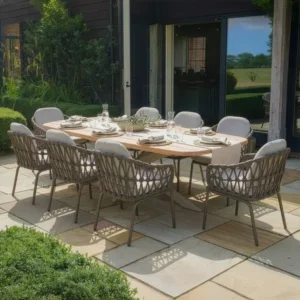 Oak Garden Land - Sicily Open Rope Weave 8 Seat Rectangular Dining Set - Café