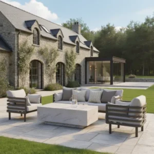 Oak Garden Land - Metro Aluminium 3 Seat Garden Sofa Set with Armchairs & Rectangular Stone Coffee Table - Café Almond
