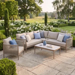 Oak Garden Land - Havana Rope Weave Small Corner Sofa Set with Rectangular Coffee Table & Armchair - Ceramic Glass
