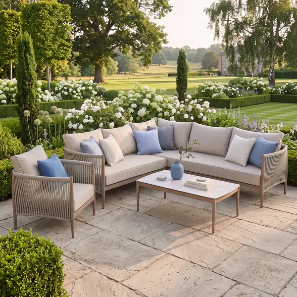 Oak Garden Land - Havana Rope Weave Small Corner Sofa Set with Rectangular Coffee Table & Armchair - Ceramic Glass