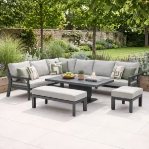Oak Garden Land - New York Aluminium Corner Dining Set with Ceramic Glass Rising Table - Dove Grey