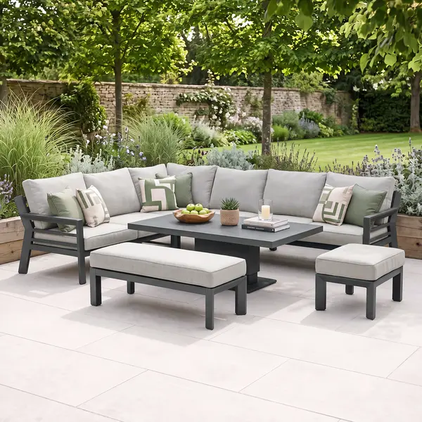 Oak Garden Land - New York Aluminium Corner Dining Set with Ceramic Glass Rising Table - Dove Grey