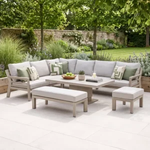 Oak Garden Land - New York Aluminium Corner Sofa Dining Set with Ceramic Glass Rising Table - Latte
