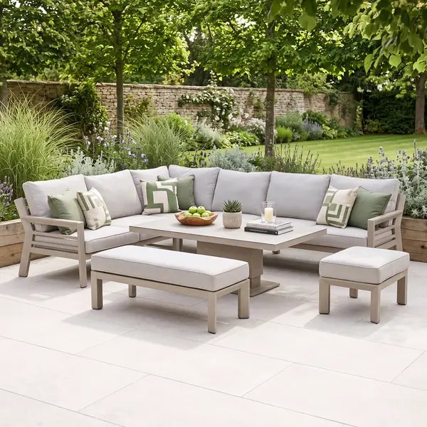 Oak Garden Land - New York Aluminium Corner Sofa Dining Set with Ceramic Glass Rising Table - Latte