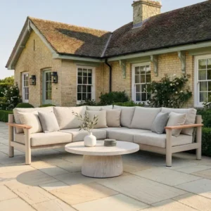 Oak Garden Land - Sicily Rope Weave Small Corner Sofa Set with Round Marble Effect Coffee Table - Latte