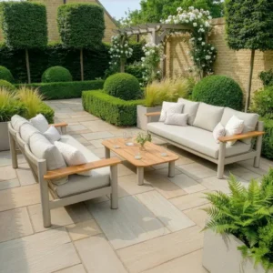 Oak Garden Land - Sicily Rope Weave Garden Sofa Set with Coffee Table & 2x 3 Seat Sofas - Latte