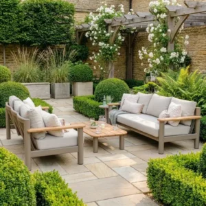 Oak Garden Land - Sicily Rope Weave Garden Sofa Set with Coffee Table & 2x 3 Seat Sofas - Café